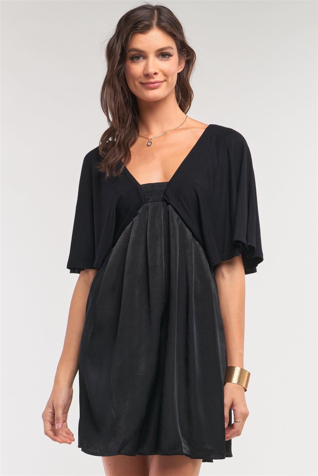 Onyx Black Satin Self-Tie Back Neck Angel Sleeve Pleated Mini Dress /1-2-2