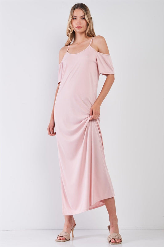 Blush Ribbed Cold Shoulder Round Neck Side Slit Detail Maxi Dress /1-2-2-1