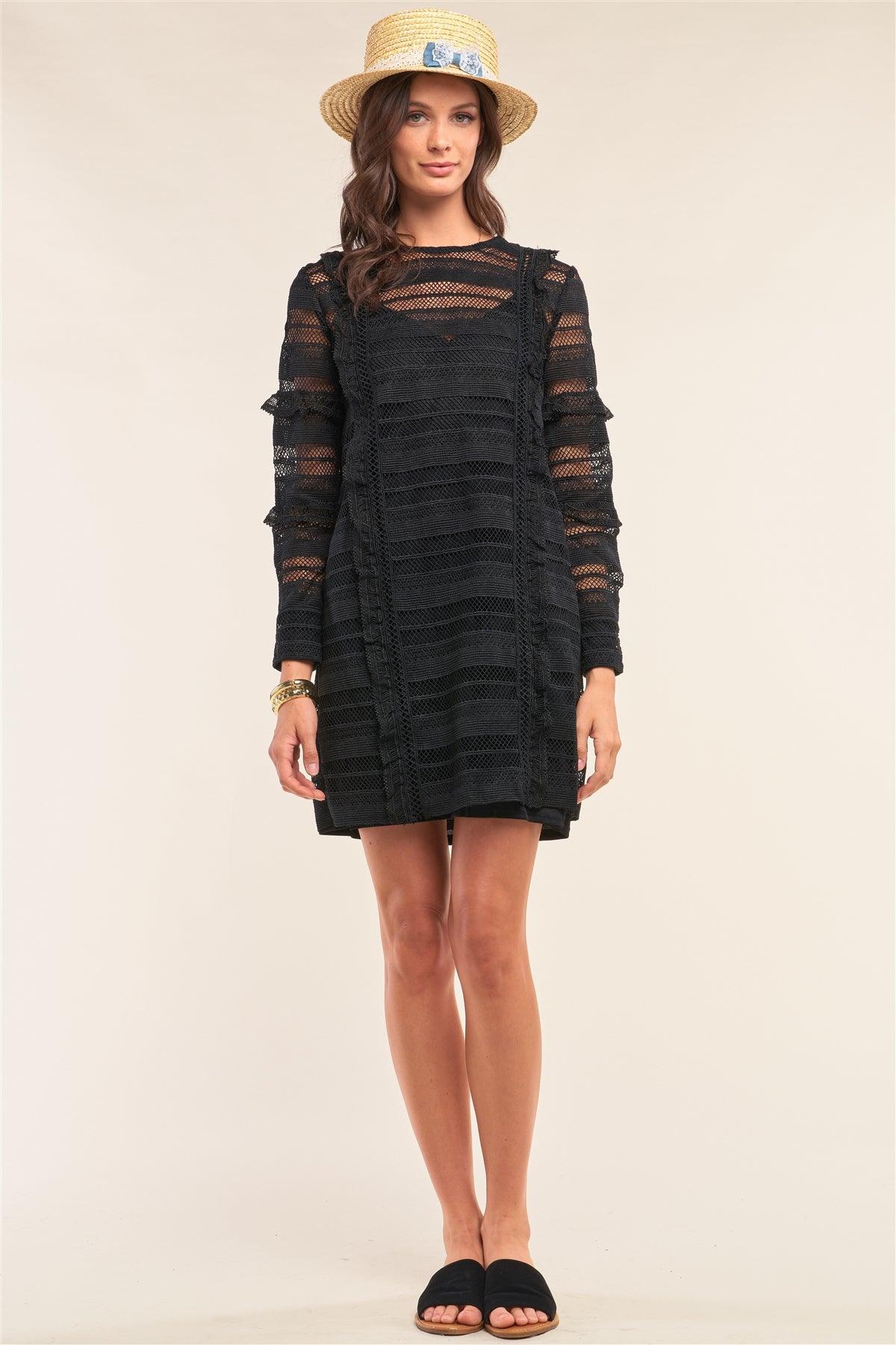 Black Crochet Lace Mesh Crew Neck Long Sleeve Frill Trim Detail Mini Dress /1-2-2-1