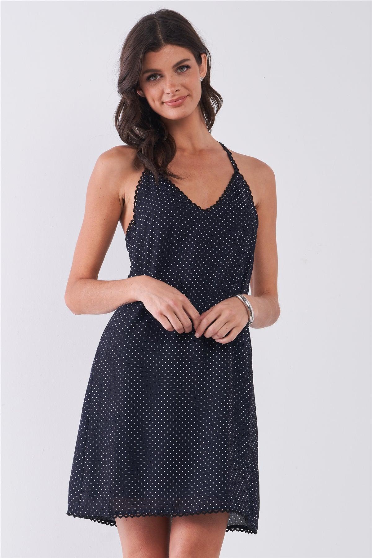 Navy & White Polka Dot Sleeveless V-Neck Racer Back Detail Relaxed Mini Dress /1-2-2-1