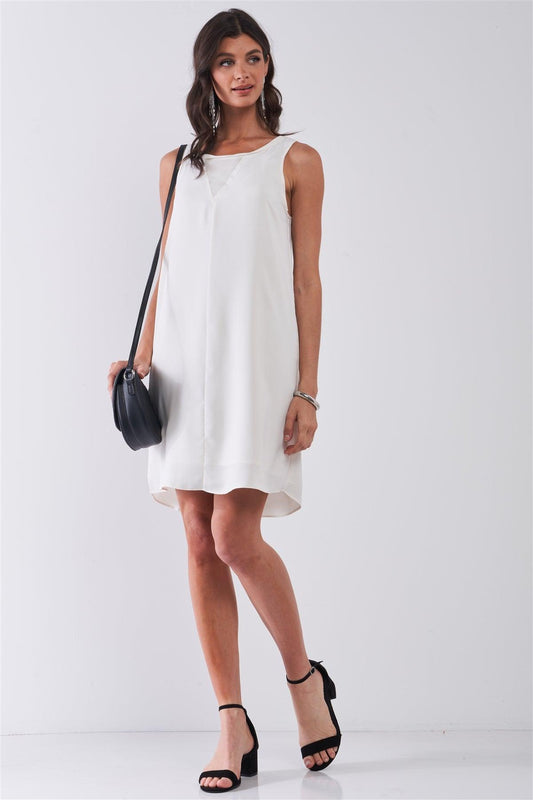 White Round Neck Sleeveless Front Cut-In Mesh Detail Mini Dress /1-3-1