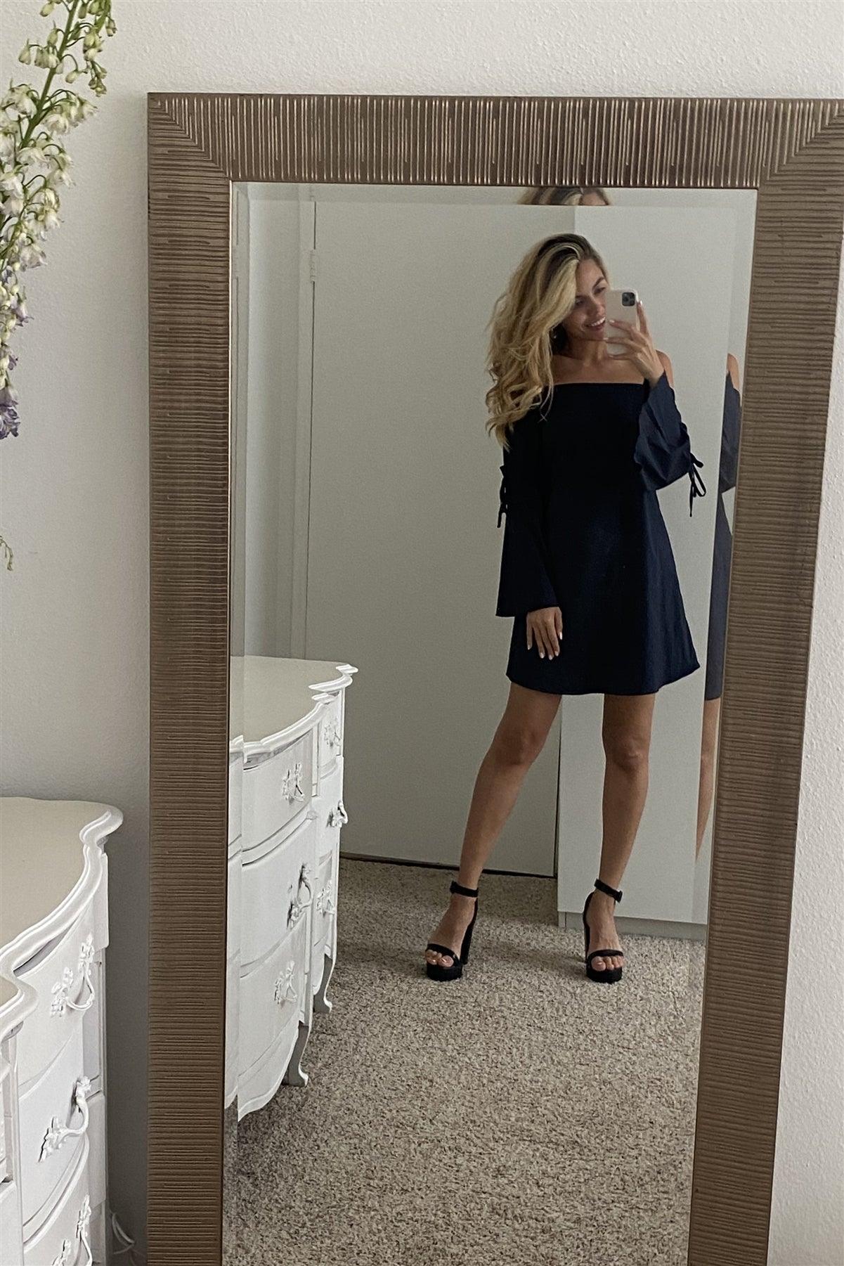 Navy Blue Loose Fit Off-The-Shoulder Self-Tie Frill Trim Angel Sleeve Mini Dress /1-2-1