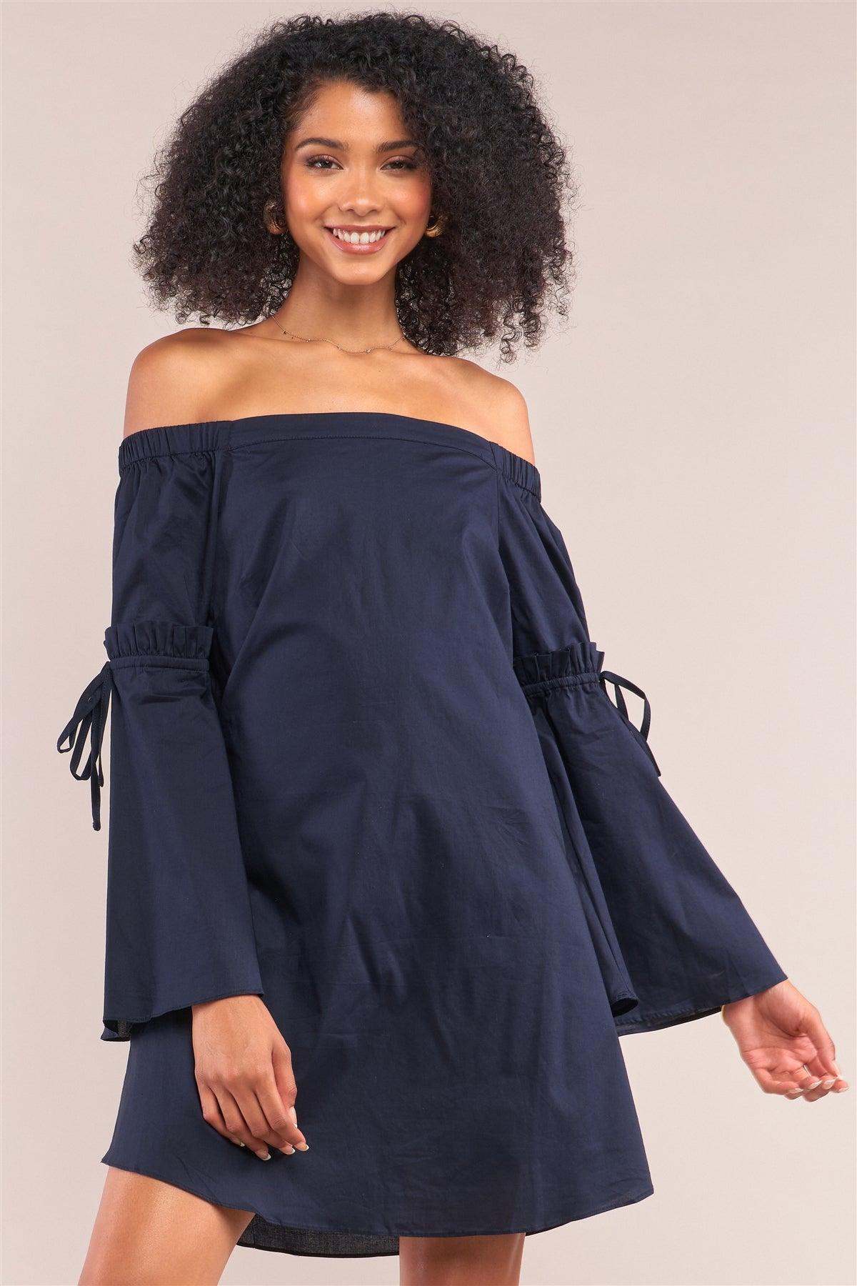 Navy Blue Loose Fit Off-The-Shoulder Self-Tie Frill Trim Angel Sleeve Mini Dress /1-2-1