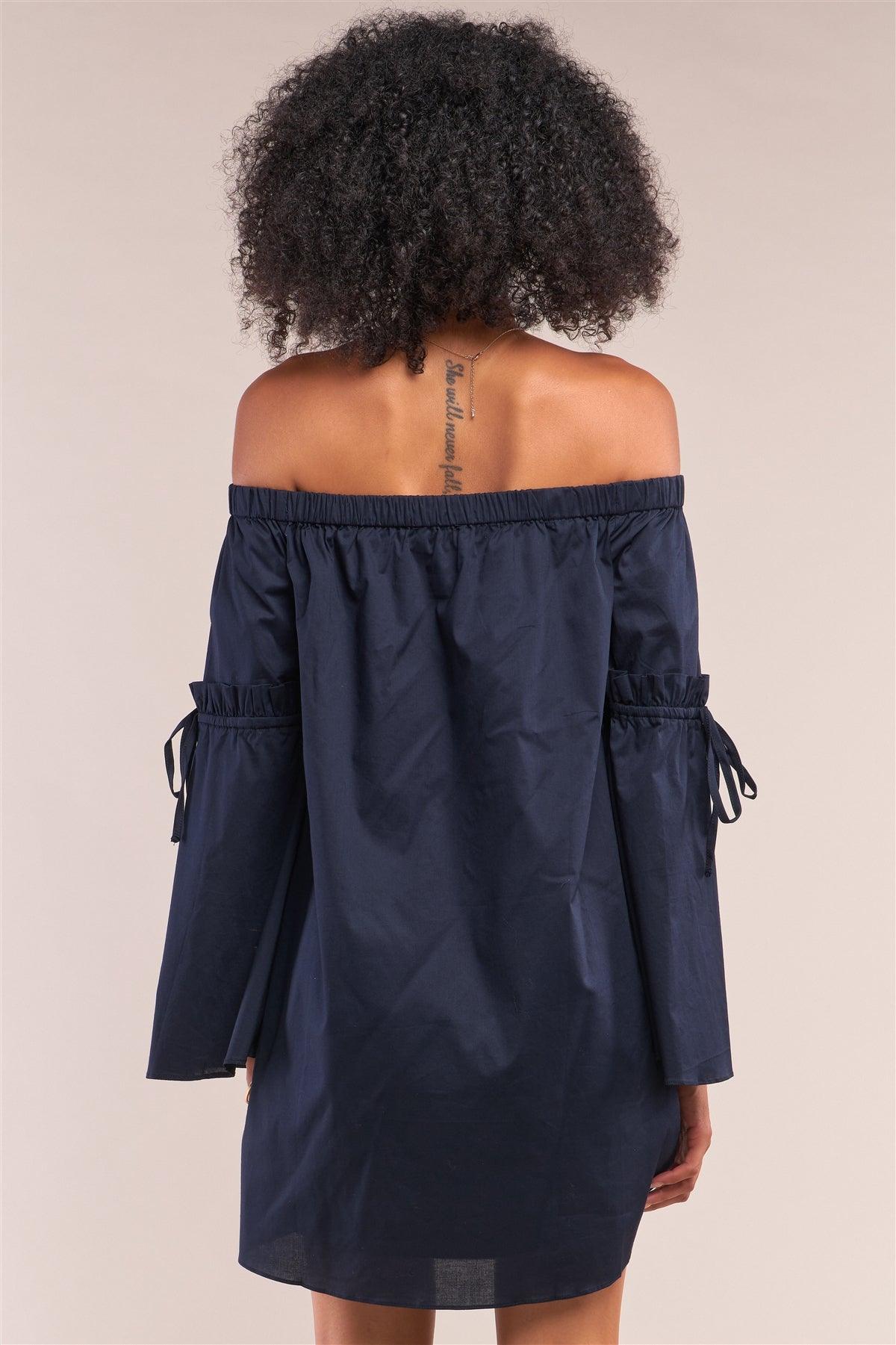 Navy Blue Loose Fit Off-The-Shoulder Self-Tie Frill Trim Angel Sleeve Mini Dress /1-2-1