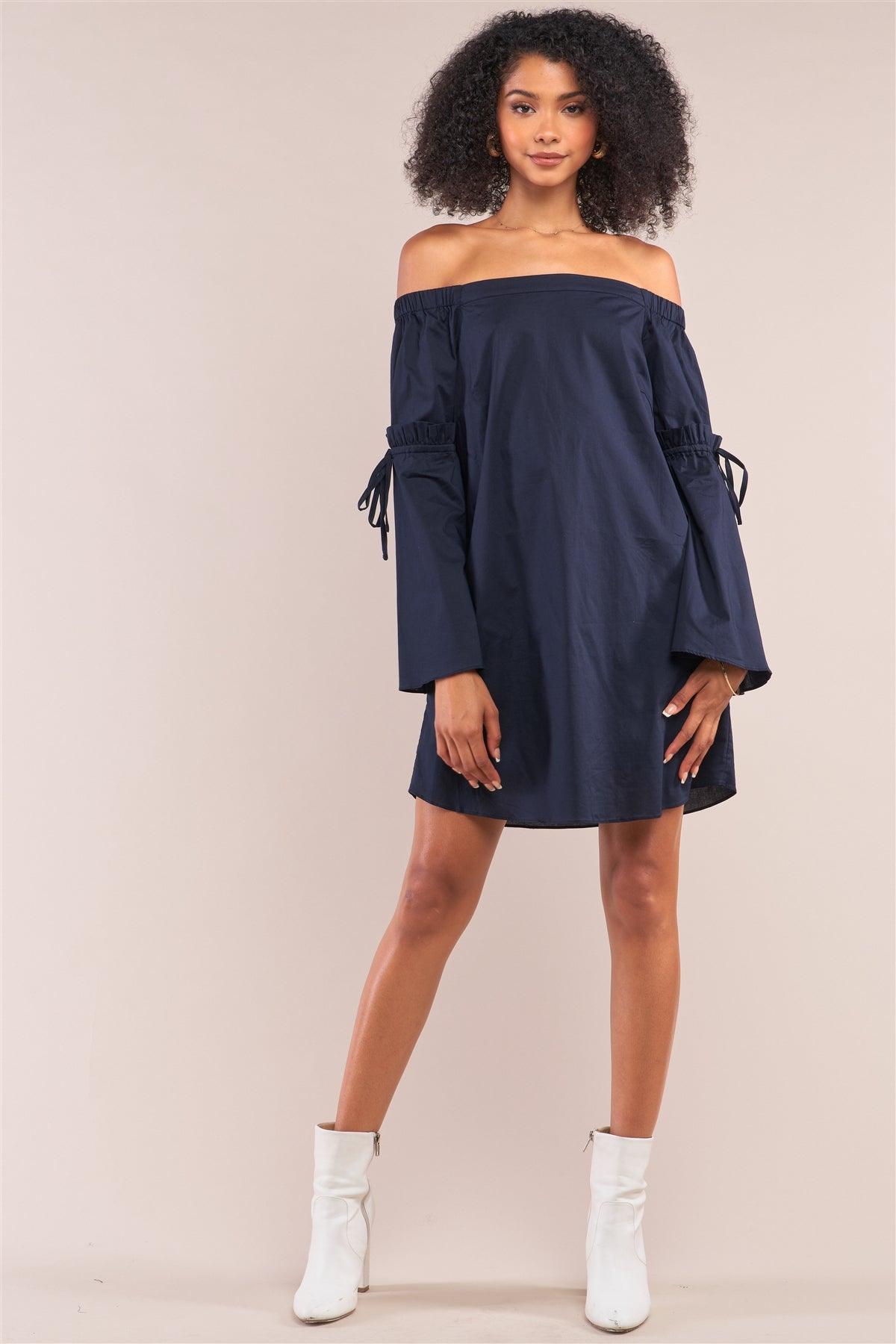 Navy Blue Loose Fit Off-The-Shoulder Self-Tie Frill Trim Angel Sleeve Mini Dress /1-2-1