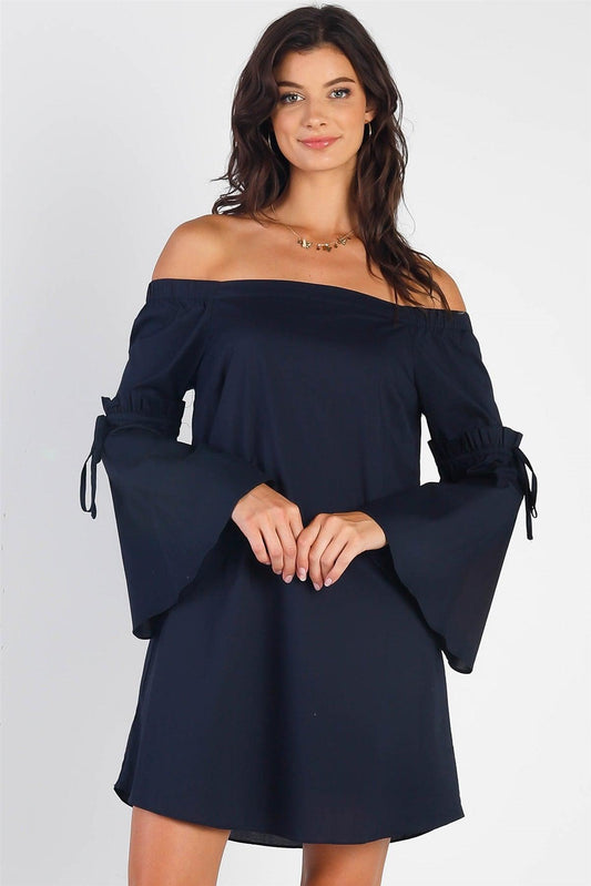 Navy Blue Loose Fit Off-The-Shoulder Self-Tie Frill Trim Angel Sleeve Mini Dress /1-2-2-1