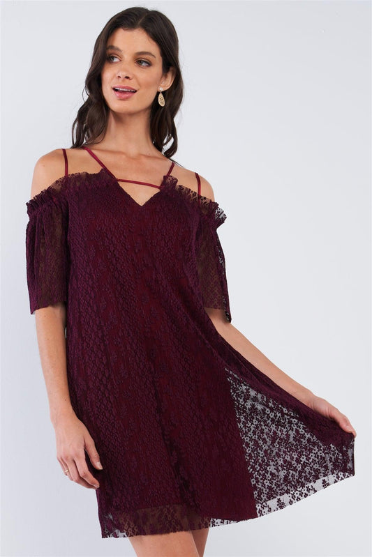 Wine Red Loose Printed Ribbed Mesh Off-The-Shoulder Tube Mini Dress With Satin Multi Straps /1-1-2