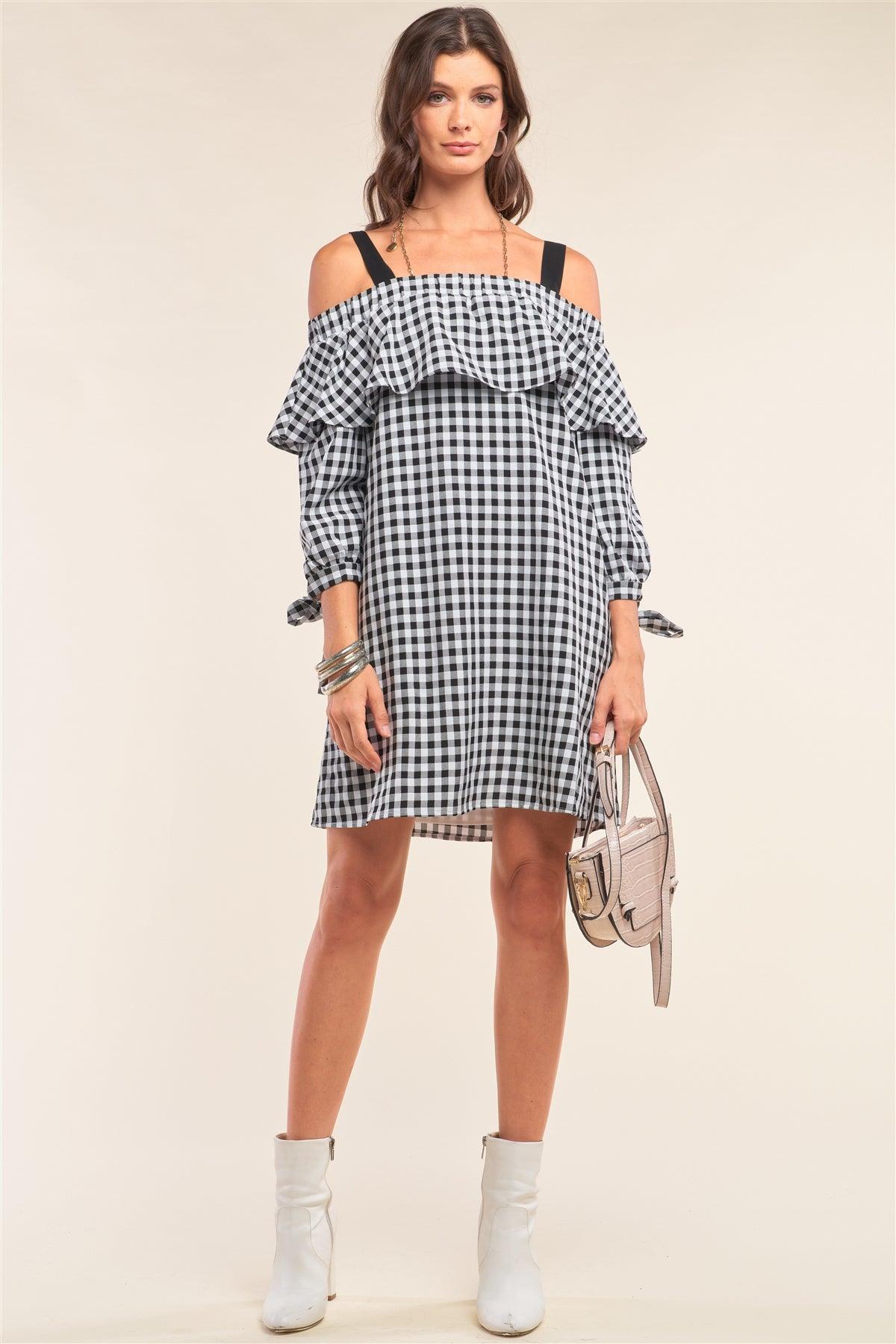 Black&White Checkered Print Off-The-Shoulder Flare Detail Loose Fit Long Sleeve Self-Tie Detail Mini Dress /1-3-1