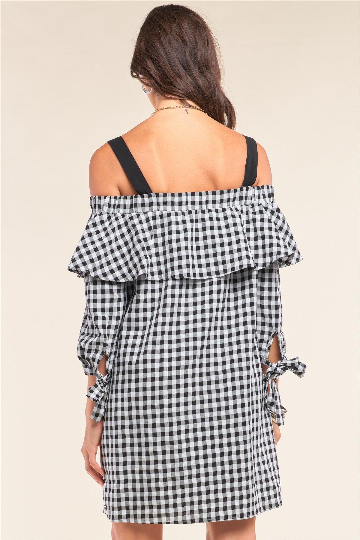 Black&White Checkered Print Off-The-Shoulder Flare Detail Loose Fit Long Sleeve Self-Tie Detail Mini Dress /1-3-1