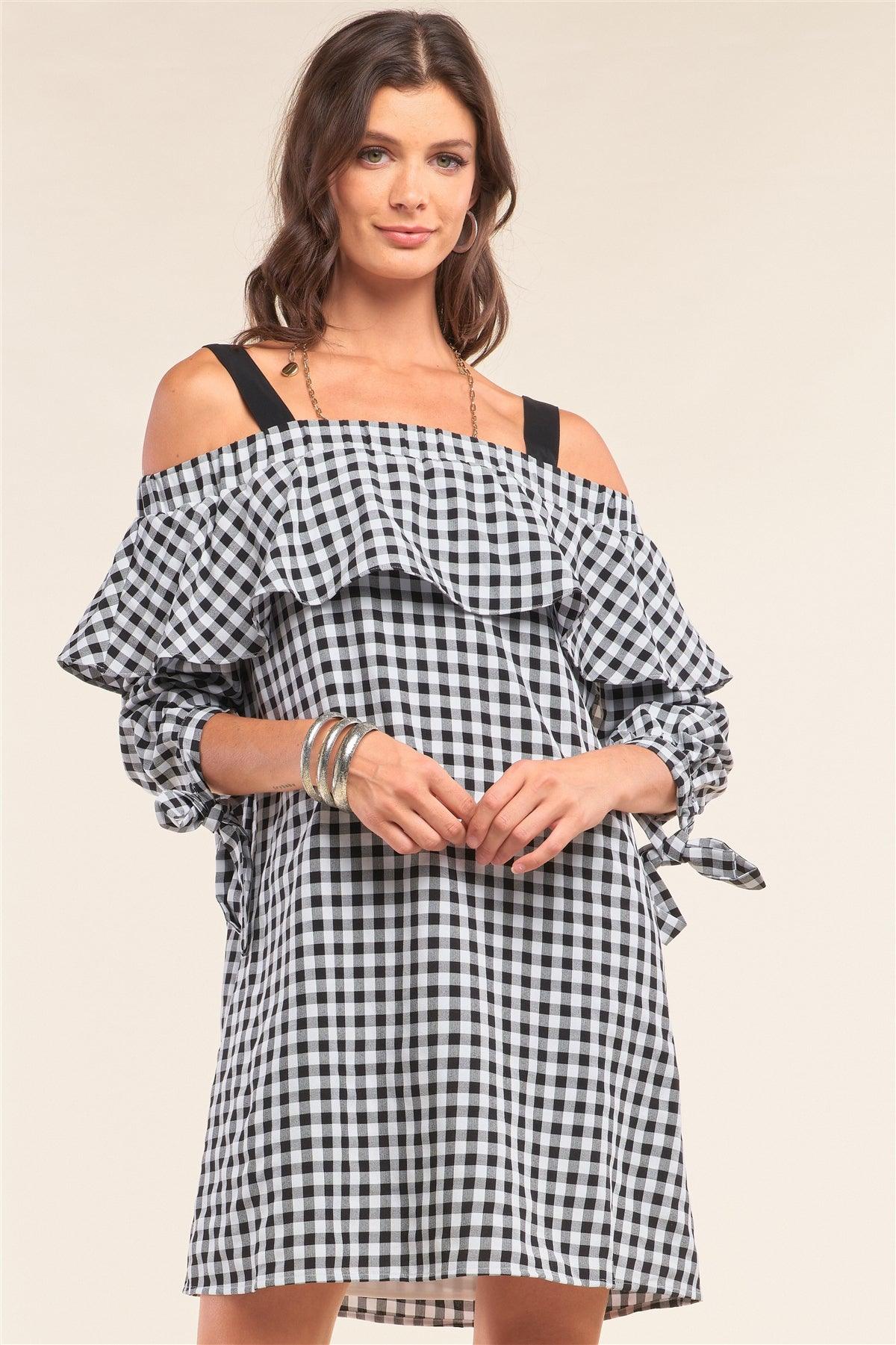 Black&White Checkered Print Off-The-Shoulder Flare Detail Loose Fit Long Sleeve Self-Tie Detail Mini Dress /1-3-1