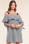 Black&White Checkered Print Off-The-Shoulder Flare Detail Loose Fit Long Balloon Sleeve Self-Tie Detail Mini Dress /1-2-2-1