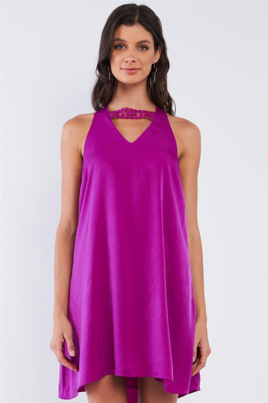 Byzantium Violet Purple Satin Silky Relaxed Fit V-Neck Chest Crochet Accent Halter Self-Tie Open Back Tube Mini Dress /1-2-2-1