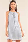 Silver Dust Satin Front Lace Up Grommet Studded Mini Dress /1-2-2-1