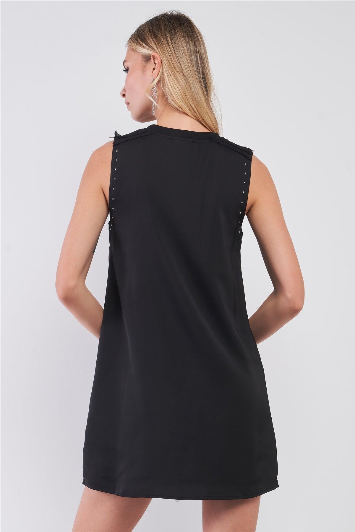 Black Sleeveless Crew Neck Silver Beaded Trim Zipper Shoulder Detail Relaxed Mini Dress /1-2-2-1