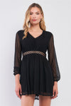 Black Polka Dot Mesh Balloon Sleeve V-Neck Laser-Cut Waist Trim Mini Dress /1-2-2-1