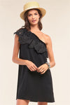 Black One-Shoulder Flare Hem Eyelet Embroidery Detail Sleeveless Relaxed Fit Mini Dress /1-2-2-1