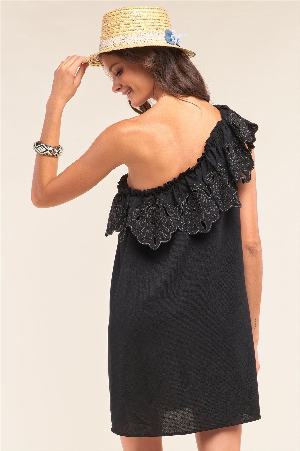 Black One-Shoulder Flare Hem Eyelet Embroidery Detail Sleeveless Relaxed Fit Mini Dress /1-2-2-1