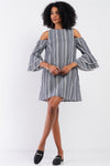 Navy & White Striped Cut-Out Shoulder Bead Trim Detail Flare Sleeve Relaxed Mini Dress /2-3-1