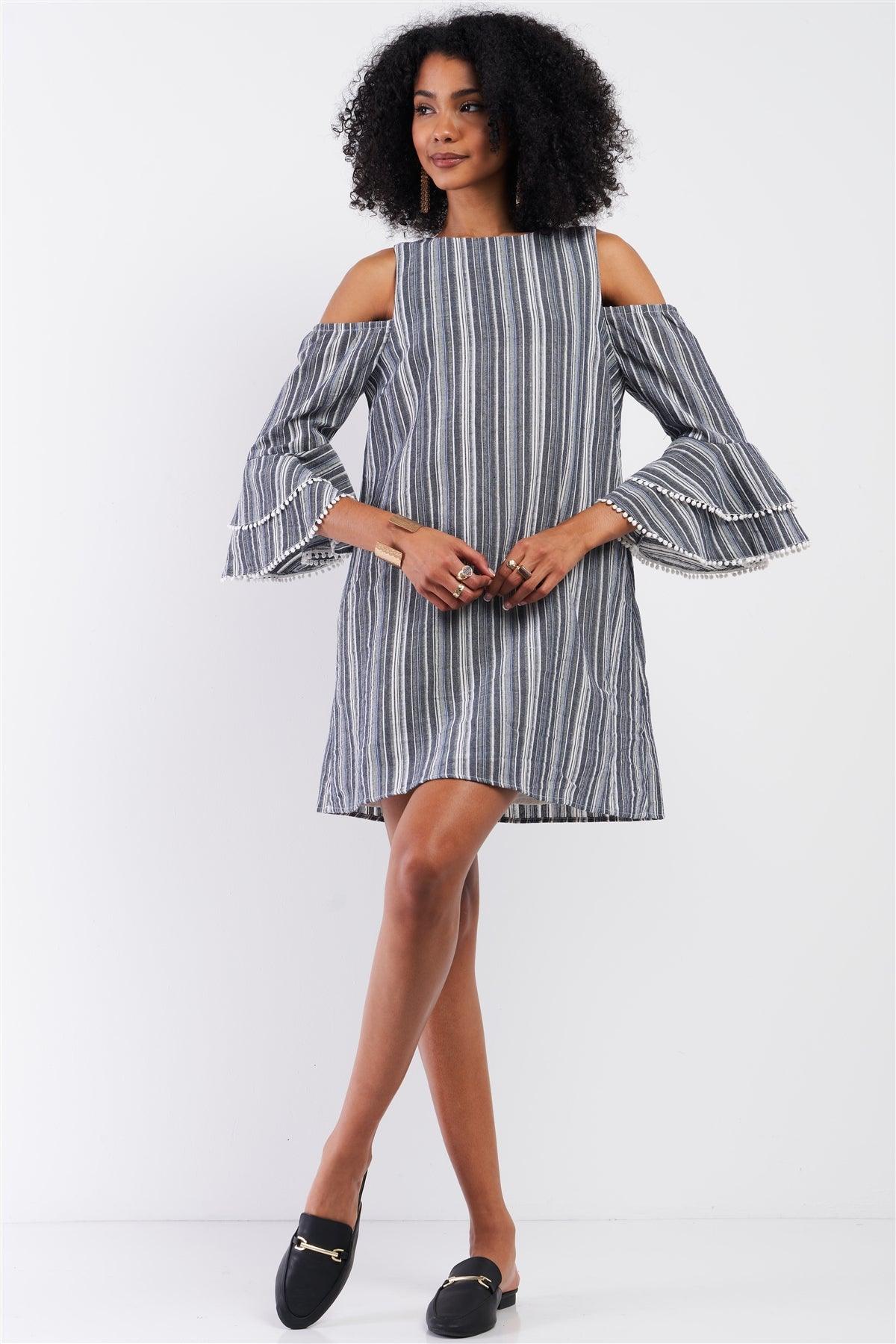 Navy & White Striped Cut-Out Shoulder Bead Trim Detail Flare Sleeve Relaxed Mini Dress /2-3-1