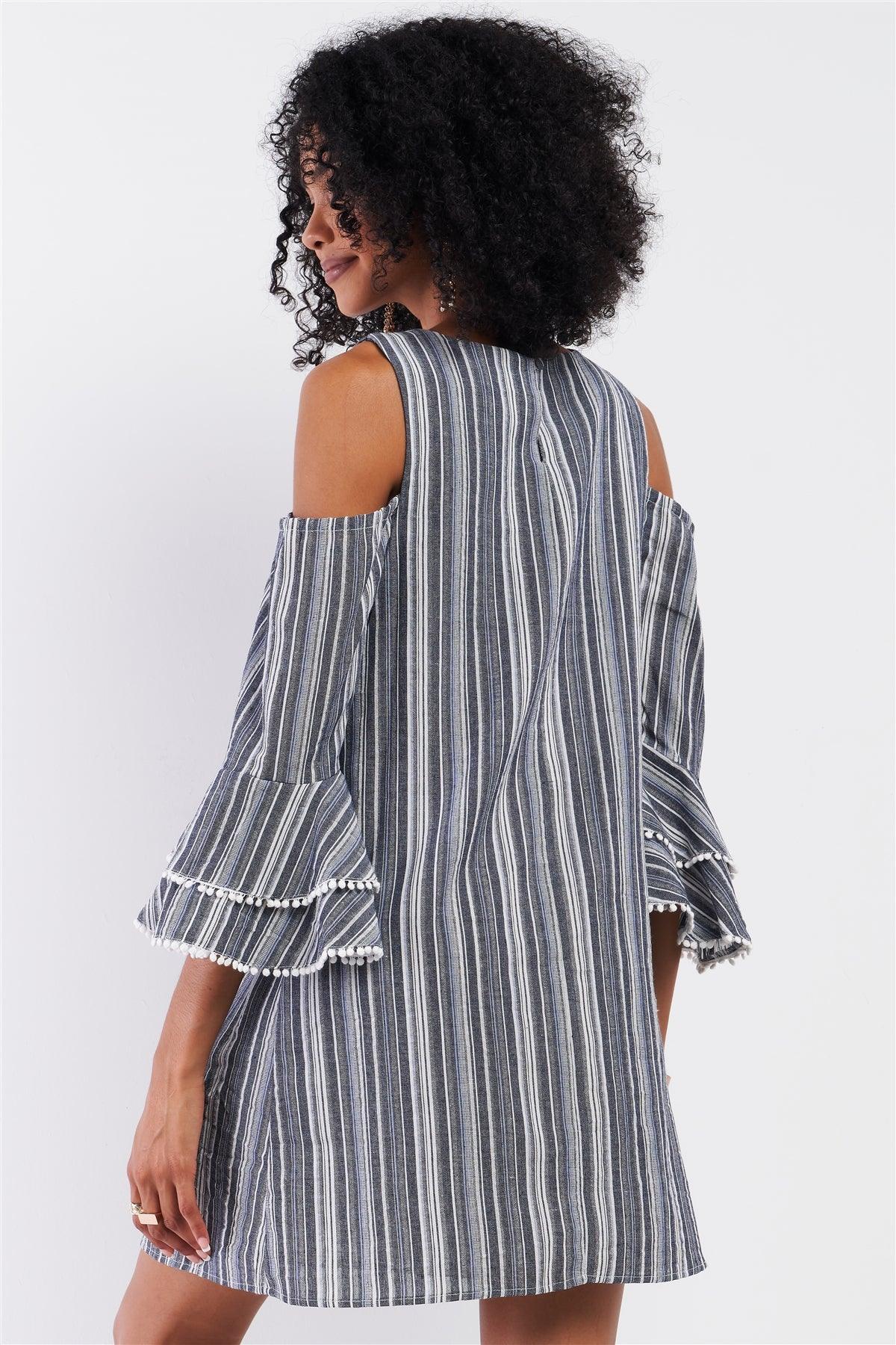 Navy & White Striped Cut-Out Shoulder Bead Trim Detail Flare Sleeve Relaxed Mini Dress /2-3-1