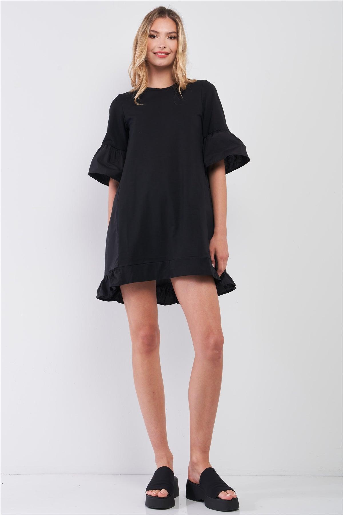 Black Combined Bell Midi Sleeve Tiered Frill Hem Detail Loose Mini Dress /2-2