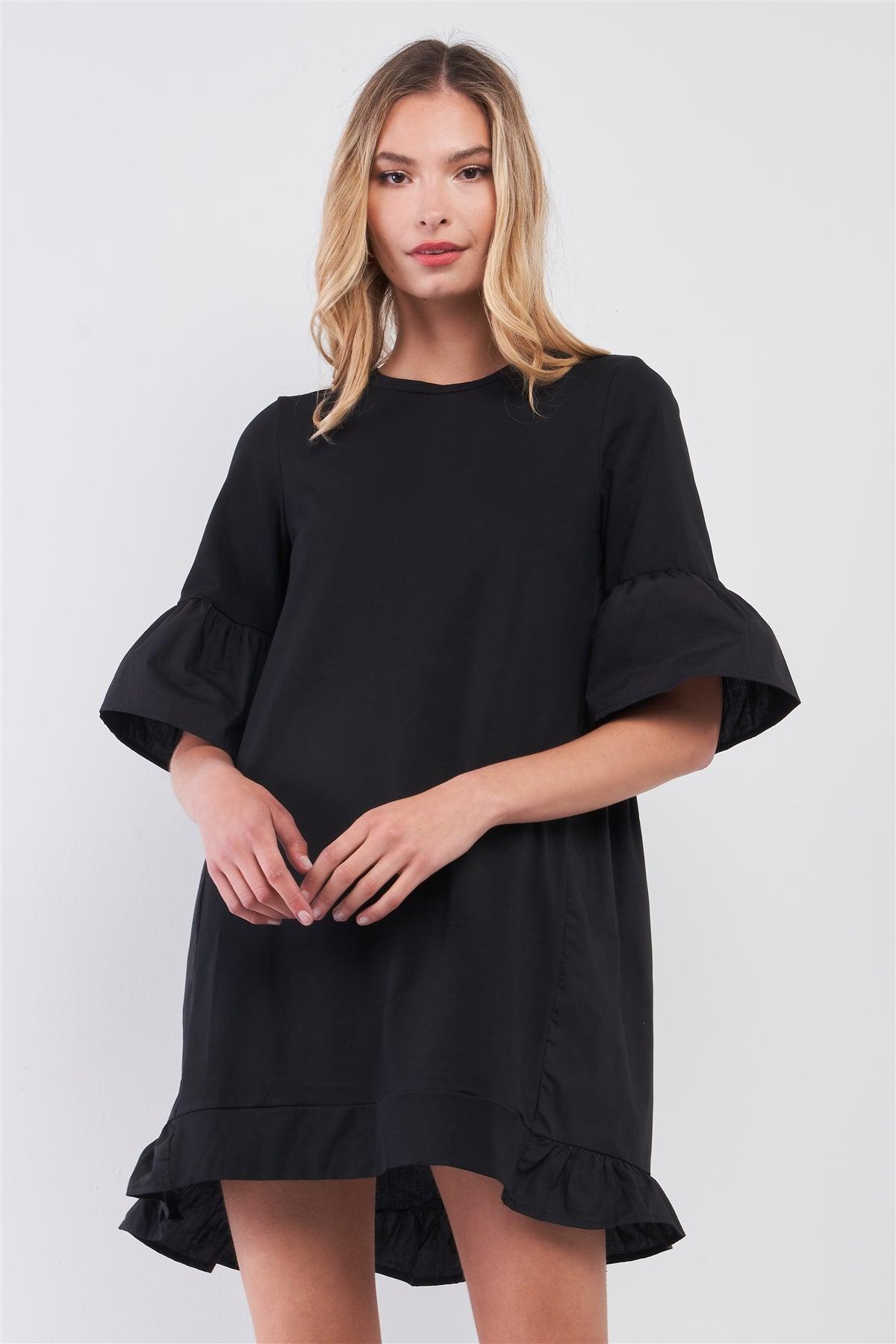 Black Combined Bell Midi Sleeve Tiered Frill Hem Detail Loose Mini Dress /2-2