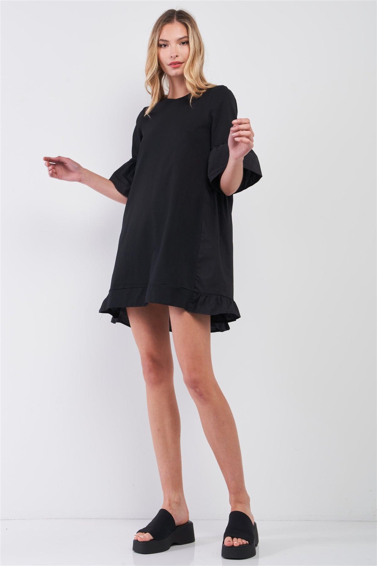 Black Combined Bell Midi Sleeve Tiered Frill Hem Detail Loose Mini Dress /2-2