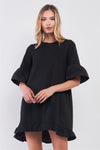 Black Combined Bell Midi Sleeve Tiered Frill Hem Detail Loose Mini Dress /1-2-2-1