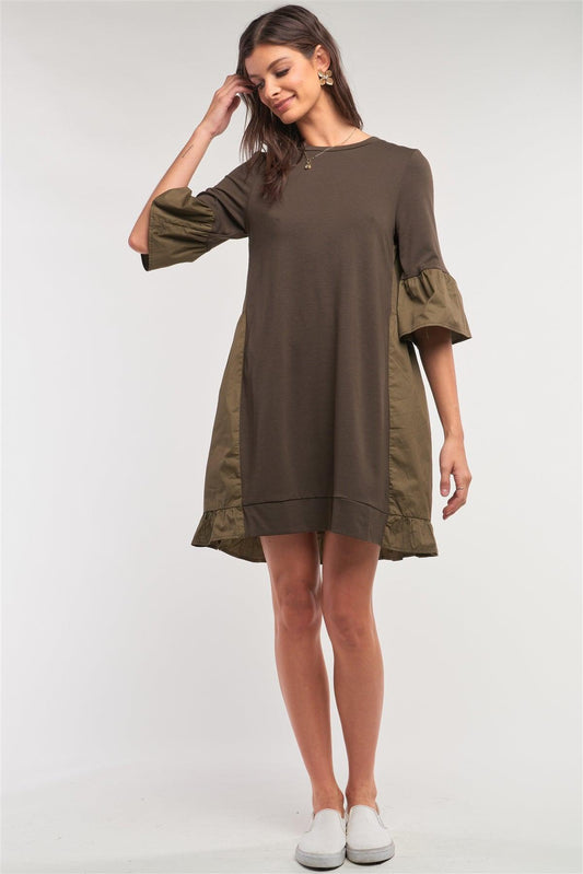 Olive Loose Fit Crew Neck Ruffle Detail Midi Sleeve Cotton Back Panel Detail T-Shirt Mini Dress /1-2-2