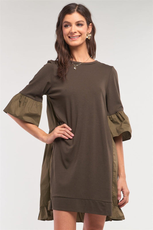 Olive Loose Fit Crew Neck Ruffle Detail Midi Sleeve Cotton Back Panel Detail T-Shirt Mini Dress /1-2-2-1