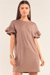 Mocha Loose Fit Crew Neck Ruffle Sleeve Detail T-Shirt Mini Dress /1-2-2-1