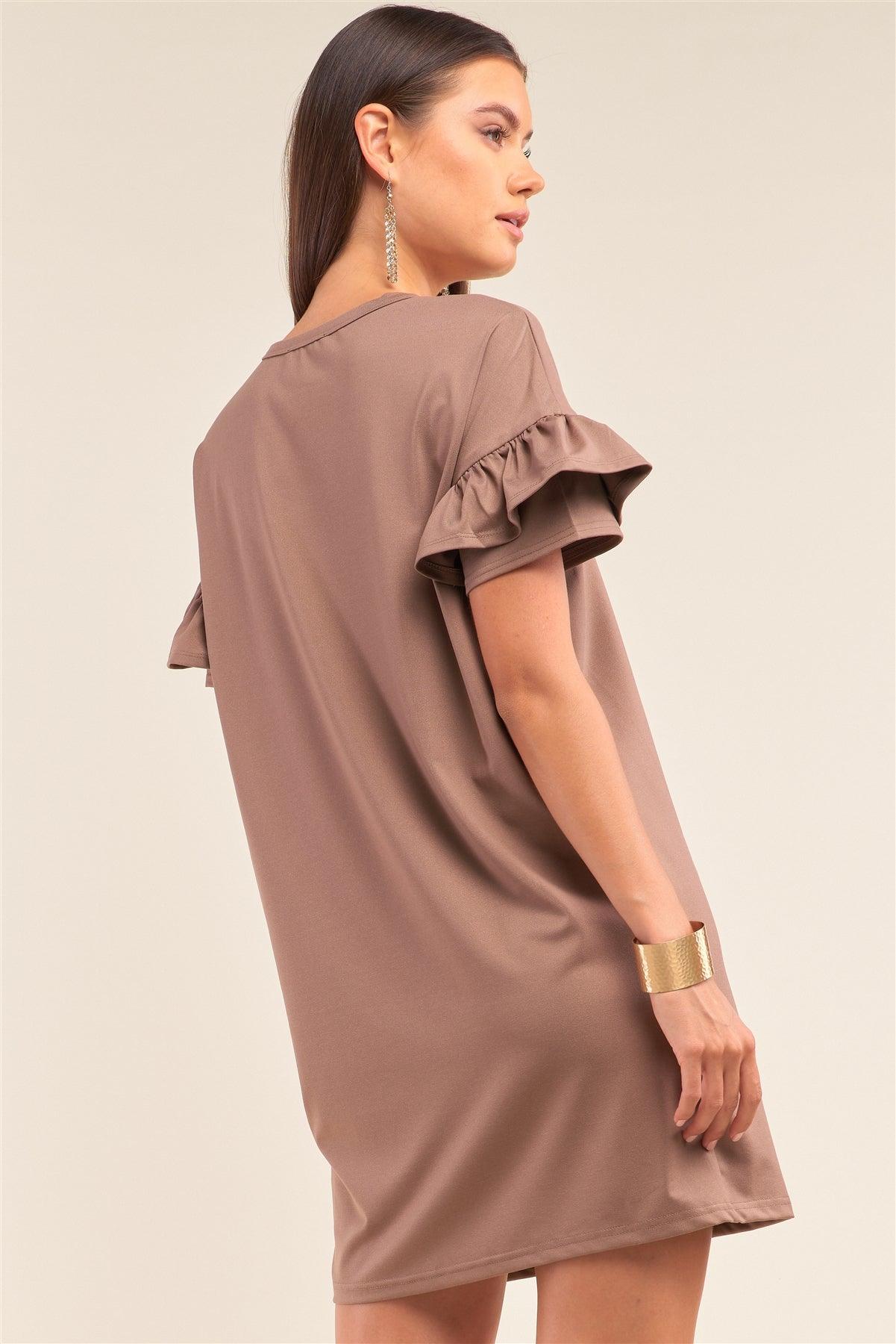 Mocha Loose Fit Crew Neck Ruffle Sleeve Detail T-Shirt Mini Dress /1-2-2-1