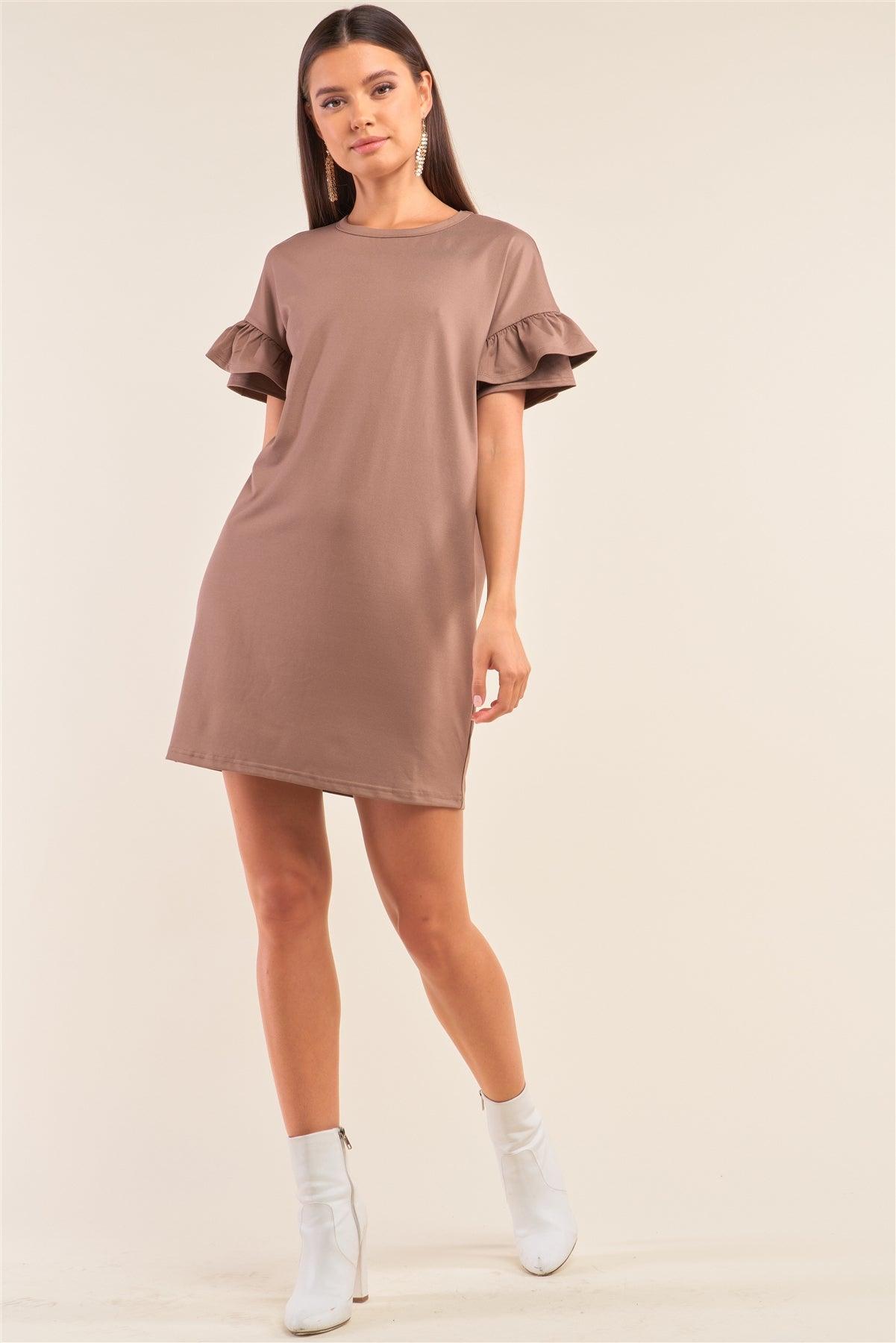 Mocha Loose Fit Crew Neck Ruffle Sleeve Detail T-Shirt Mini Dress /1-2-2-1