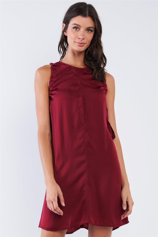 Wine Red Satin Loose Fit Sleeveless Round Neck Mini Dress With Side Ribbon Draw String Ties /1-2-2-1