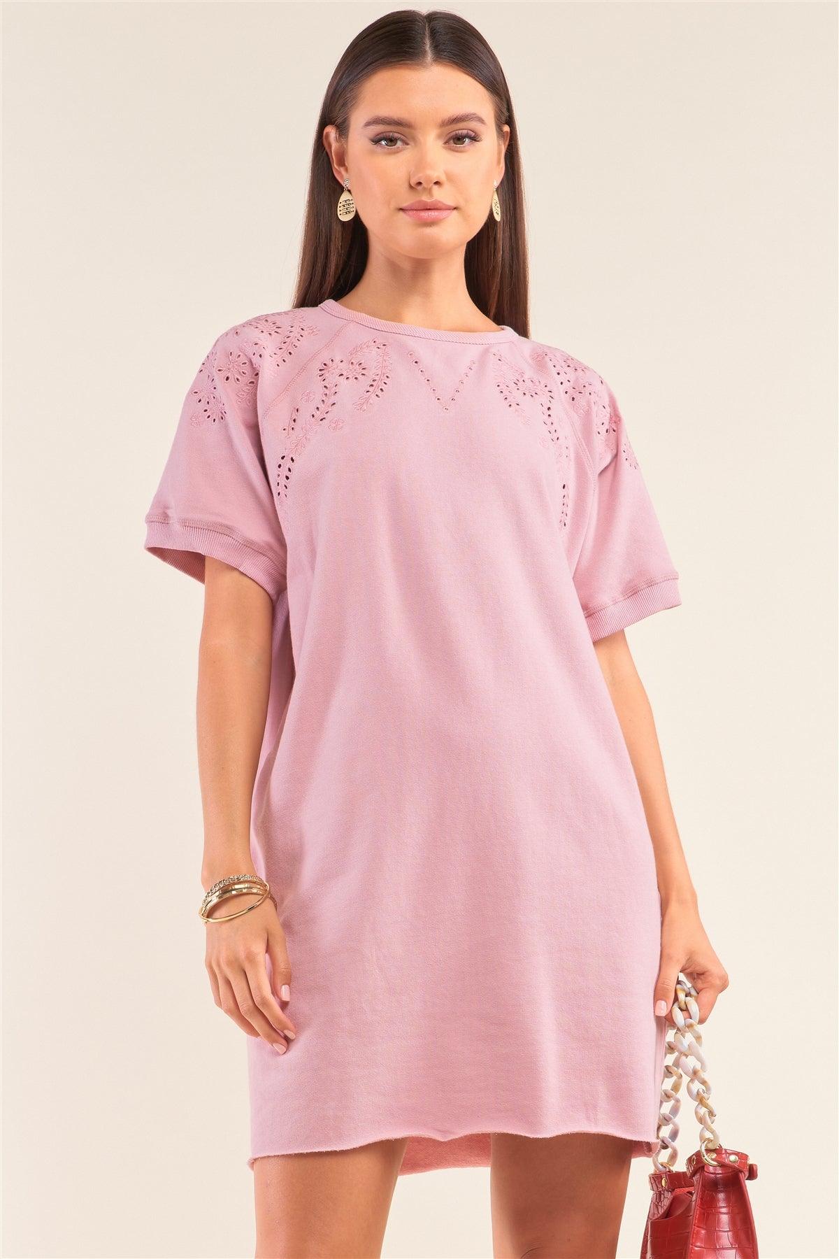 Lemonade Pink Loose Fit Ribbed Crew Neck Eyelet Embroidery Detail Raw Hem T-Shirt Mini Dress /1-2-2-1