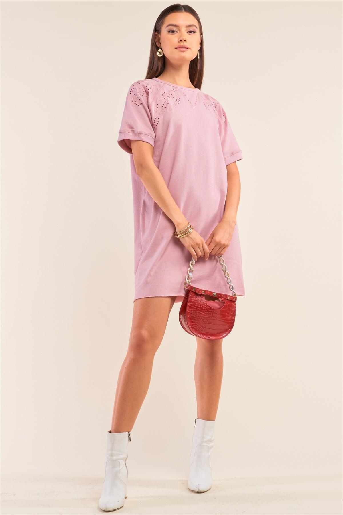 Lemonade Pink Loose Fit Ribbed Crew Neck Eyelet Embroidery Detail Raw Hem T-Shirt Mini Dress /1-2-2-1