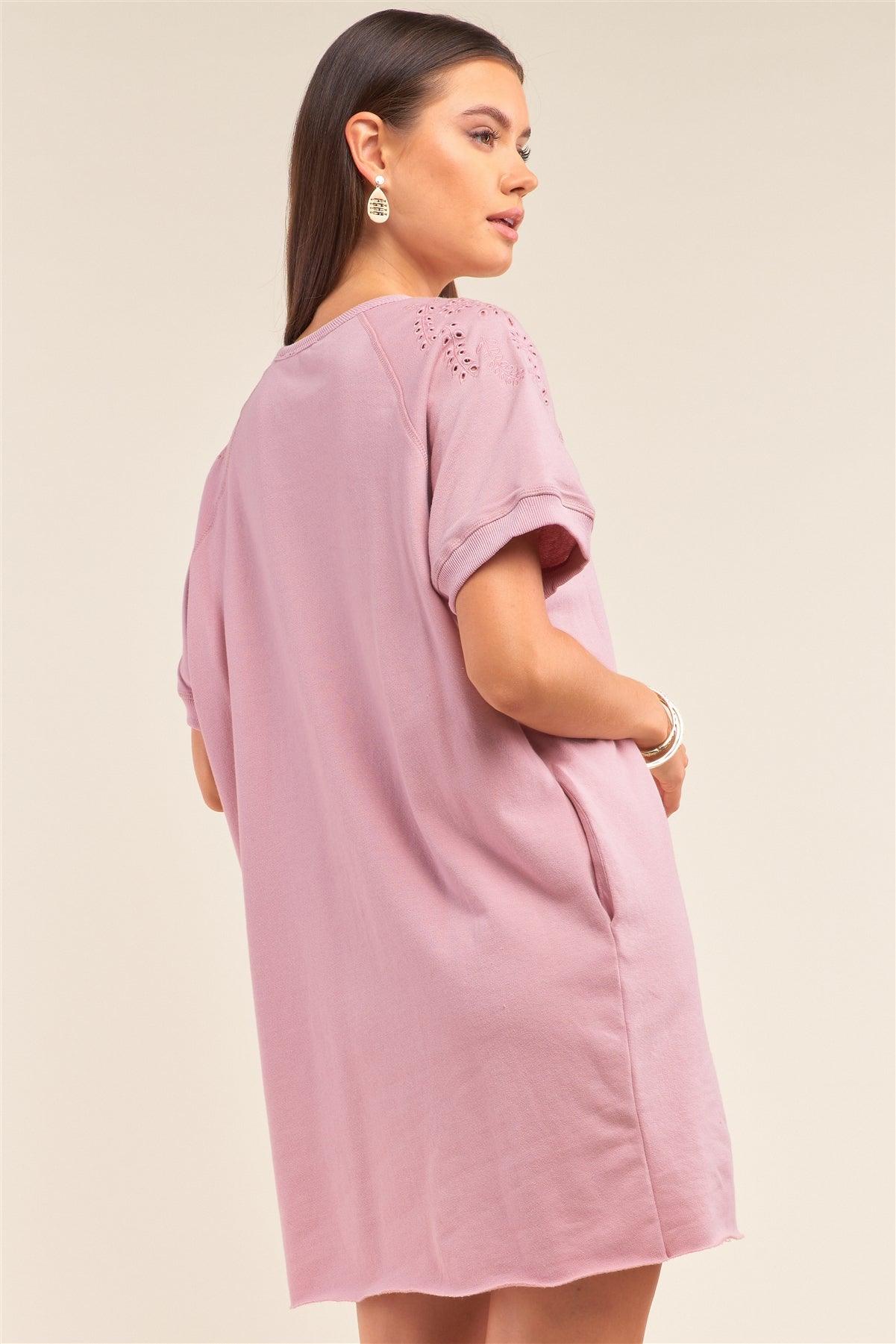 Lemonade Pink Loose Fit Ribbed Crew Neck Eyelet Embroidery Detail Raw Hem T-Shirt Mini Dress /2-3-1