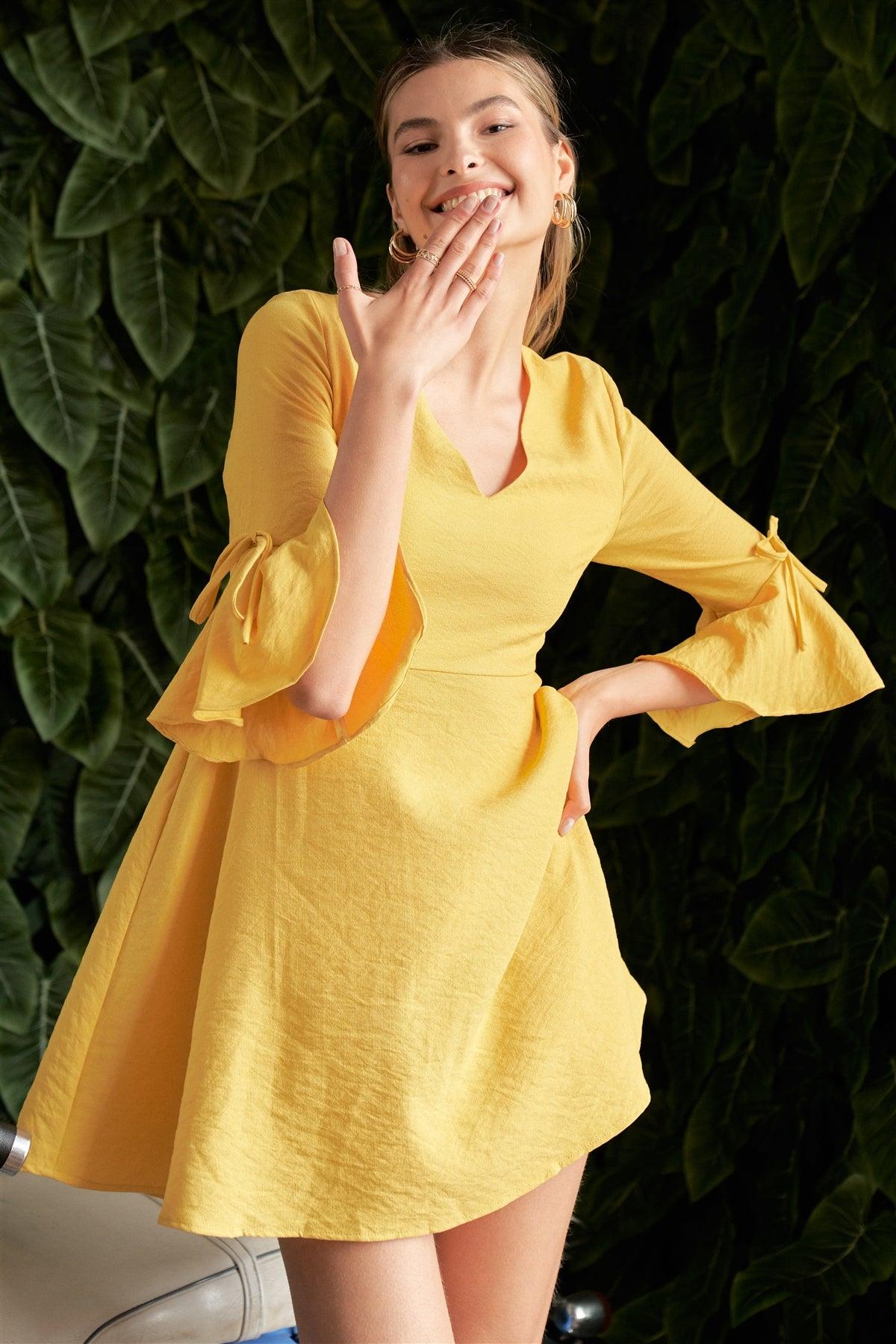 Sunny Side Yellow Flare Bell Sleeve V-Neck A-Line Mini Dress /1-2-2