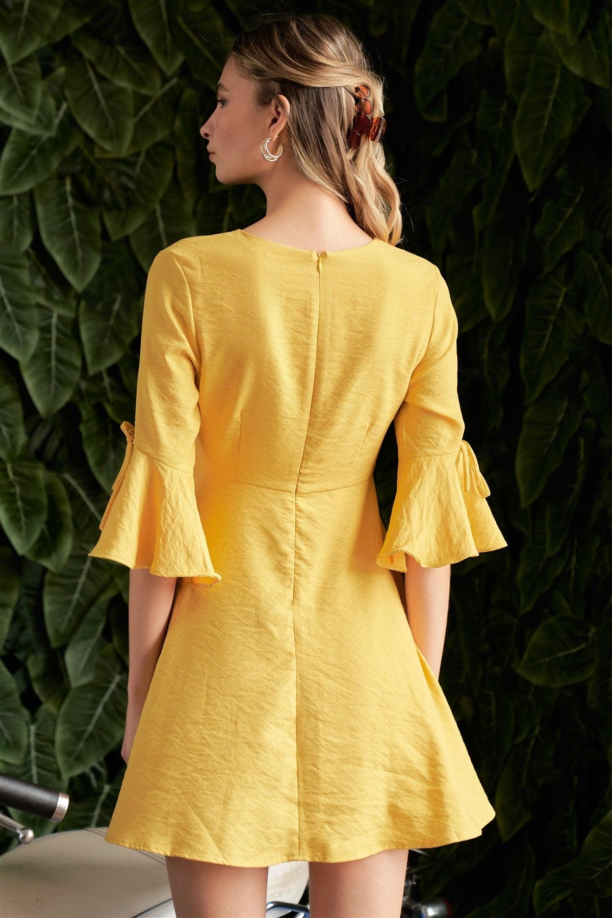 Sunny Side Yellow Flare Bell Sleeve V-Neck A-Line Mini Dress /1-2-2