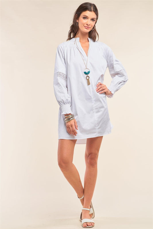 White Long Balloon Sleeve Mock Neck Lace Embroidered Poplin Mini Dress /1-3-2