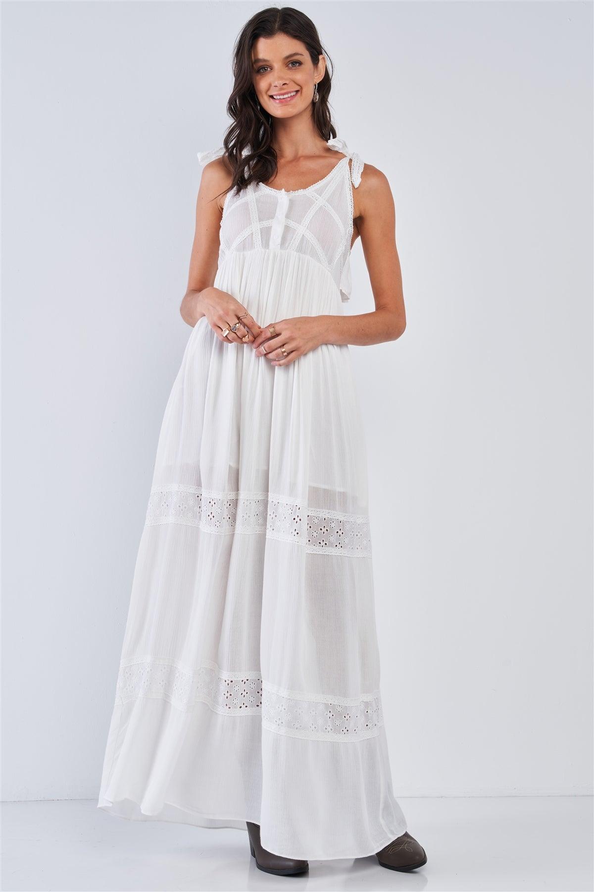 White Boho Eyelet Embroidered Sleeveless Round Neck Button Down Crochet Detail Ruffle Hem Maxi Dress /1-1-3-2