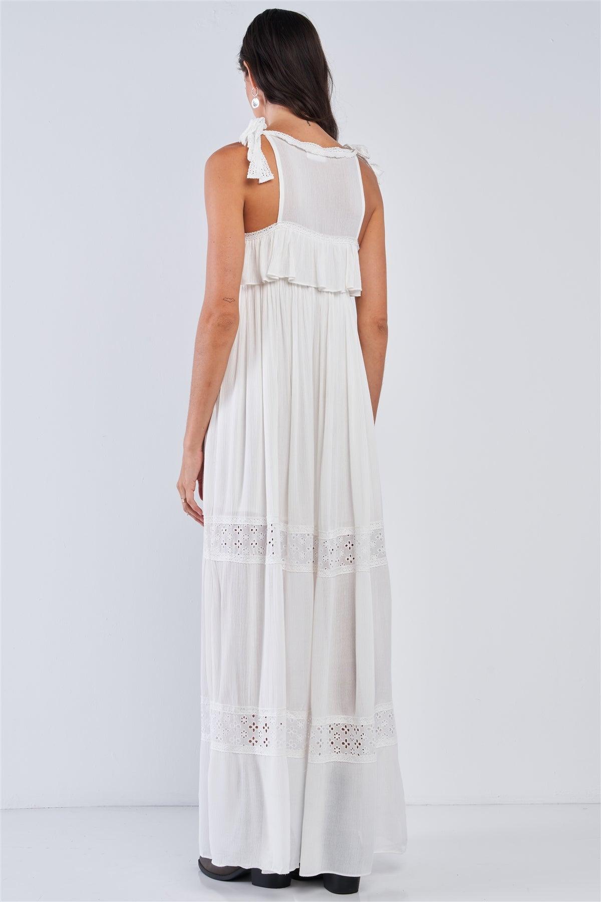 White Boho Eyelet Embroidered Sleeveless Round Neck Button Down Crochet Detail Ruffle Hem Maxi Dress /1-1-3-2