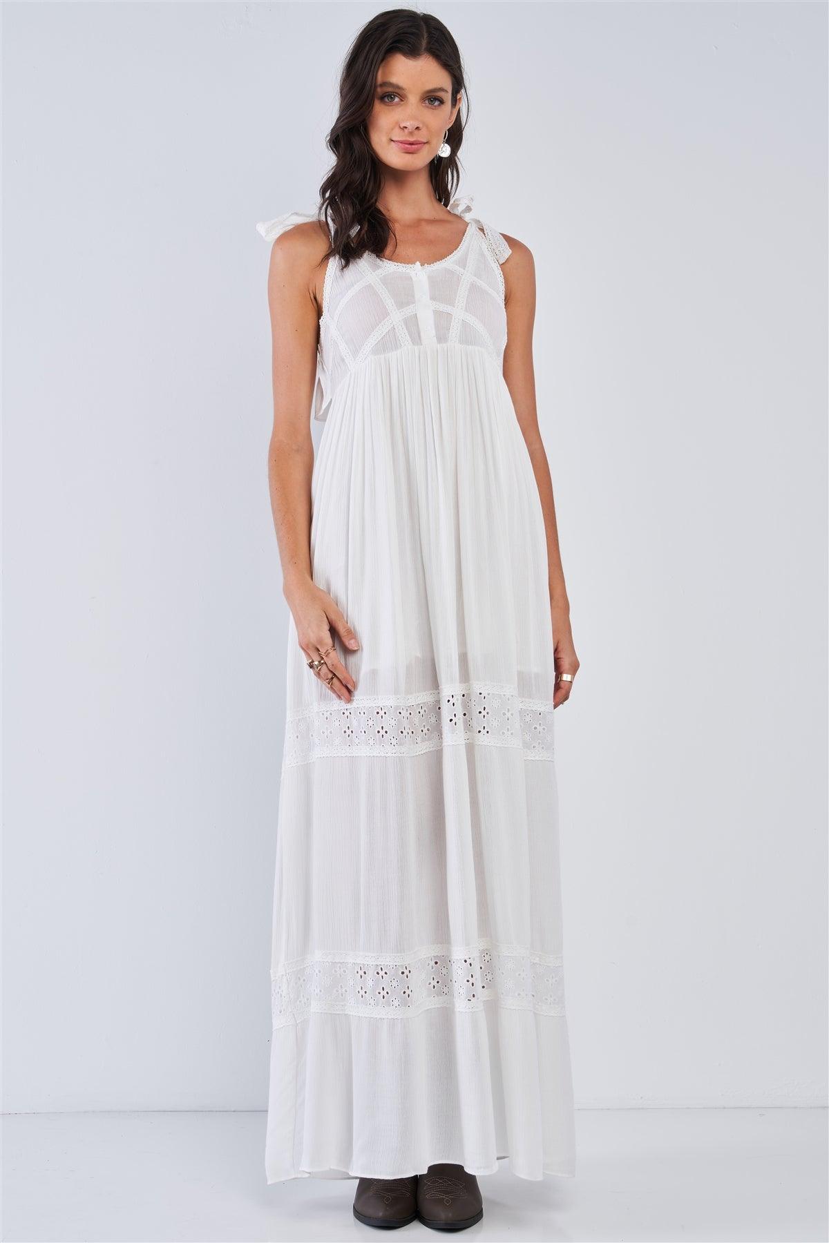 White Boho Eyelet Embroidered Sleeveless Round Neck Button Down Crochet Detail Ruffle Hem Maxi Dress /1-1-3-2