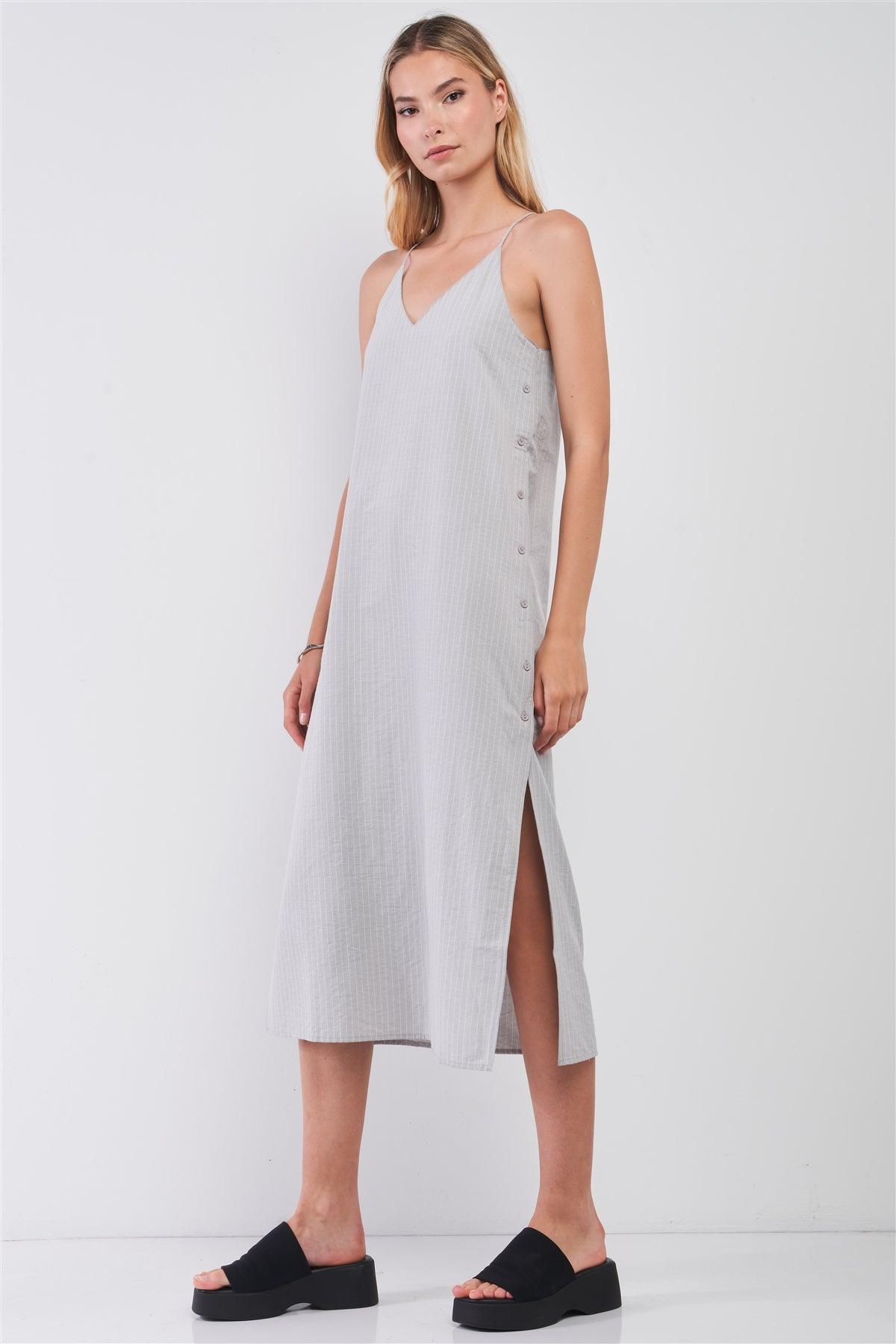 Grey Striped Sleeveless V-Neck Button-Down Slit Sides Detail Midi Dress /1-2-2