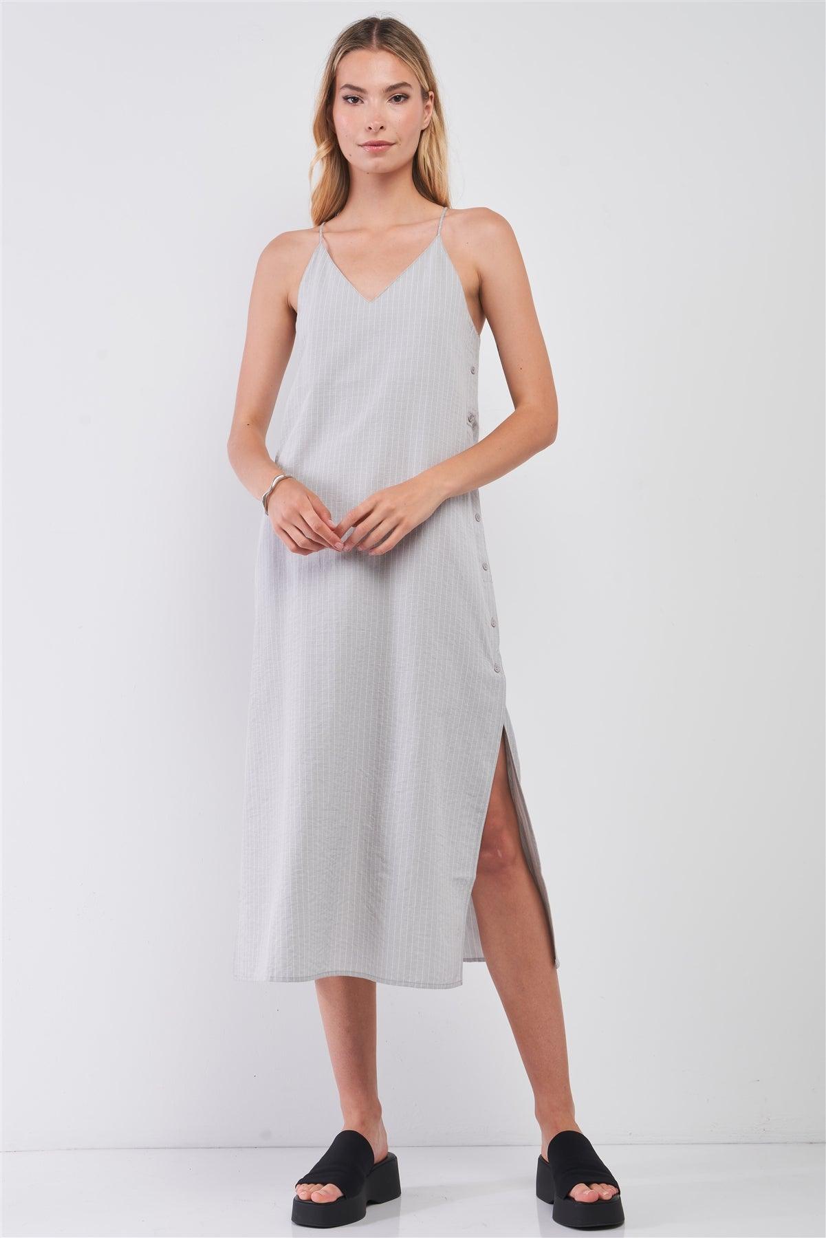 Grey Striped Sleeveless V-Neck Button-Down Slit Sides Detail Midi Dress /1-2-2-1