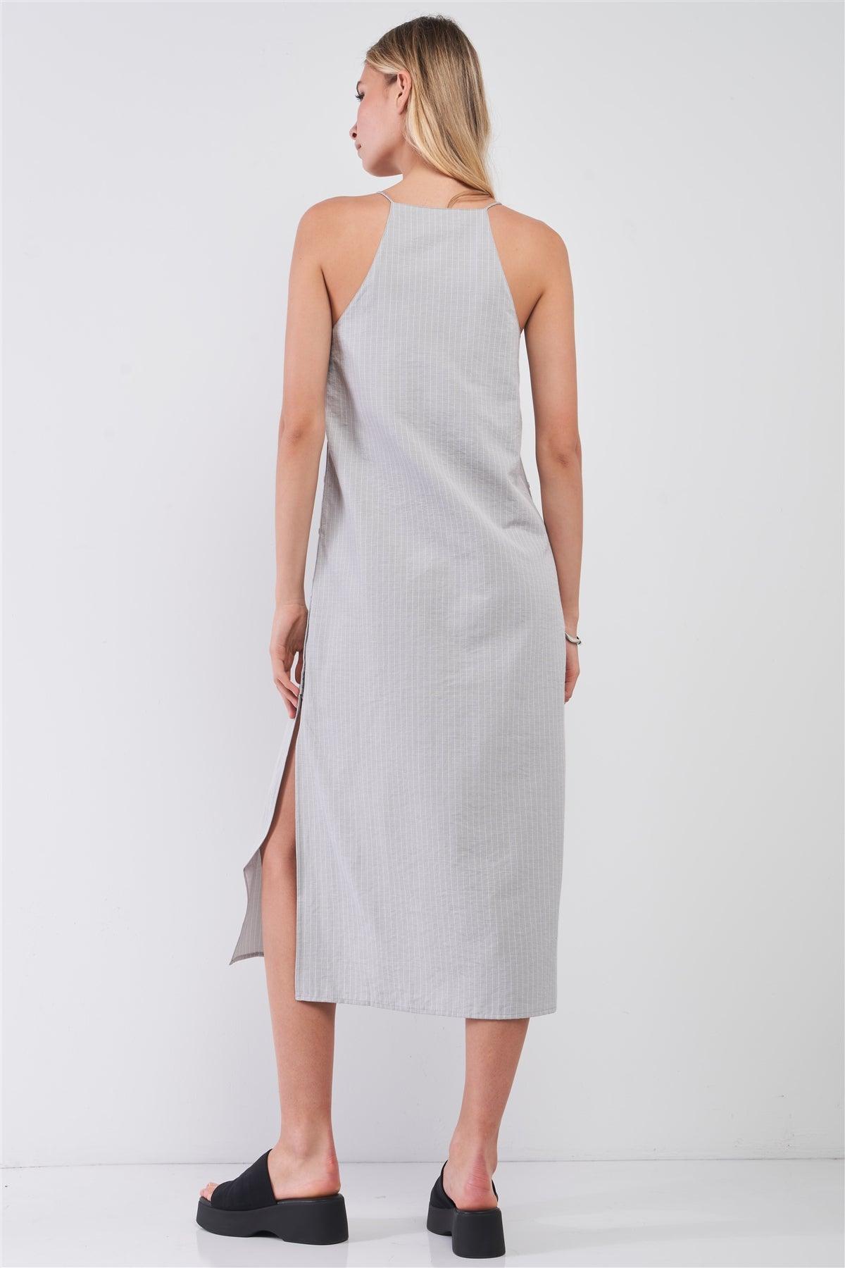 Grey Striped Sleeveless V-Neck Button-Down Slit Sides Detail Midi Dress /1-2-2-1