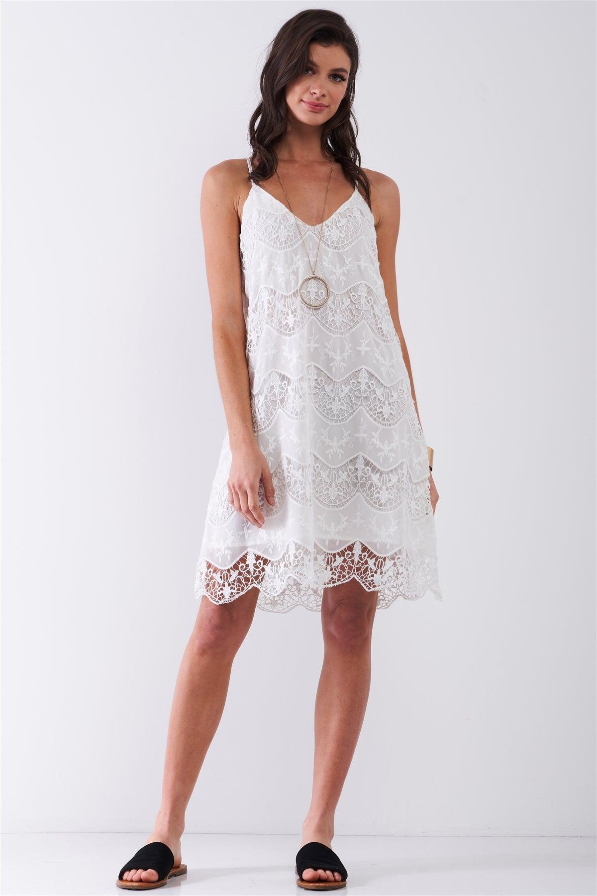 White Crochet Knit Embroidery Sleeveless V-Neck Self-Tie Multi-Cross Back Detail Babydoll Mini Dress /1-2-2-1