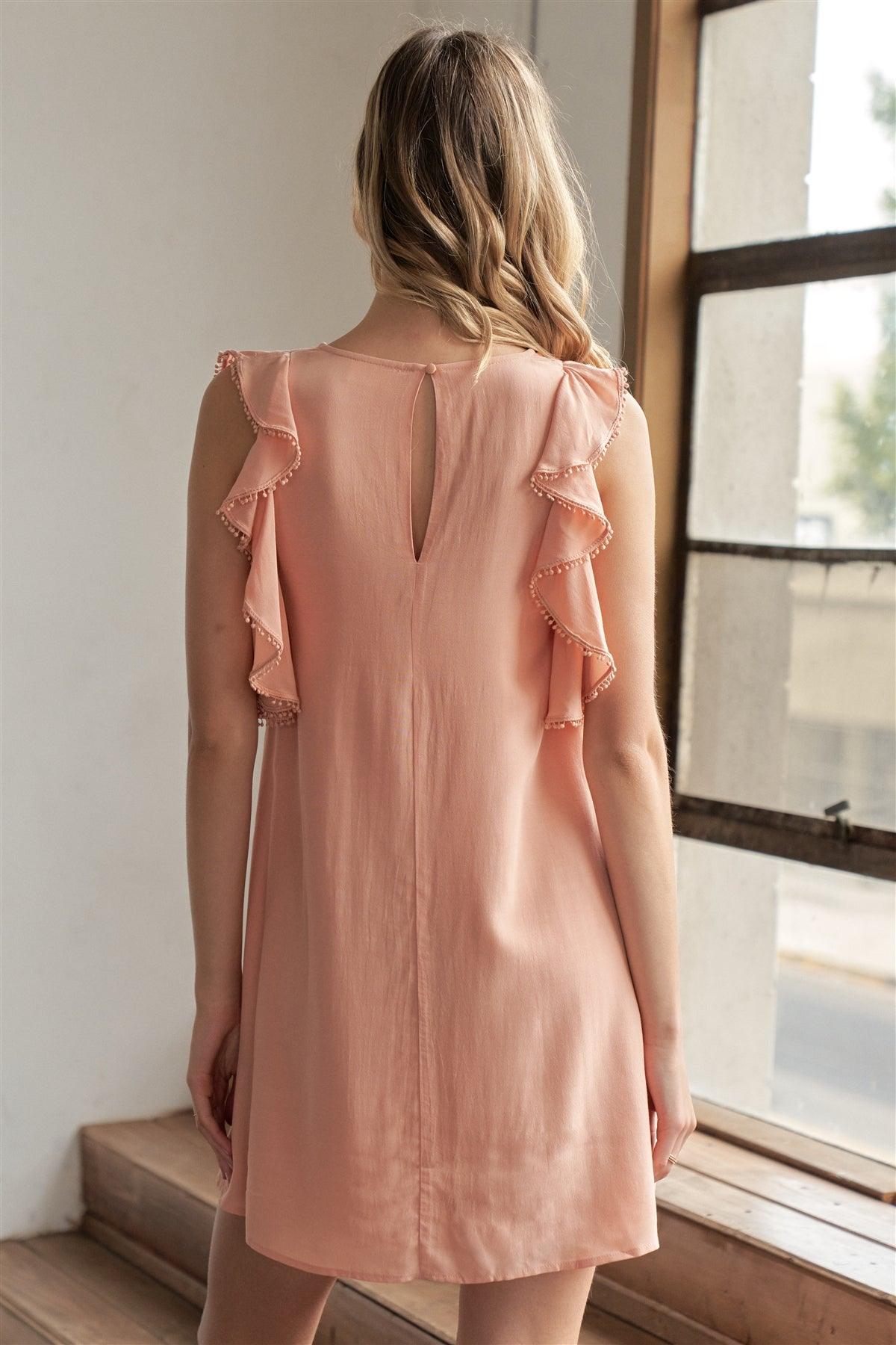 Light Peach Ruffle Sleeveless Crew Neck Loose Fit Mini Dress / 1-2-1