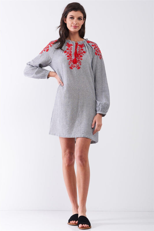 Grey Striped Long Balloon Sleeve Slavic Pattern Embroidery Relaxed Mini Dress /2-1-2