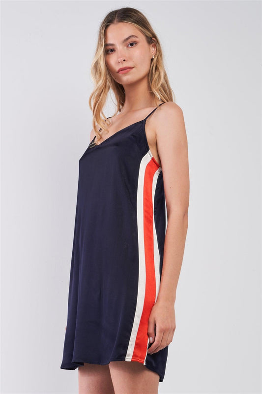 Navy Satin White & Red Side Stripe V-Neck Sleeveless Loose Fit Mini Dress /1-2-2-1